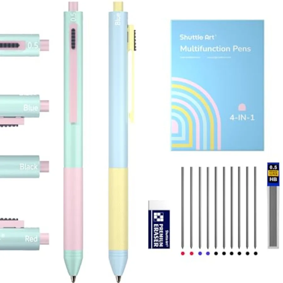 

4 in 1 Gravity-activated Multicolor Pen, 2 Pack Retractable Ballpoint Pens with 1.0mm Black Blue Red Ink and 0.5mm Mechanical P