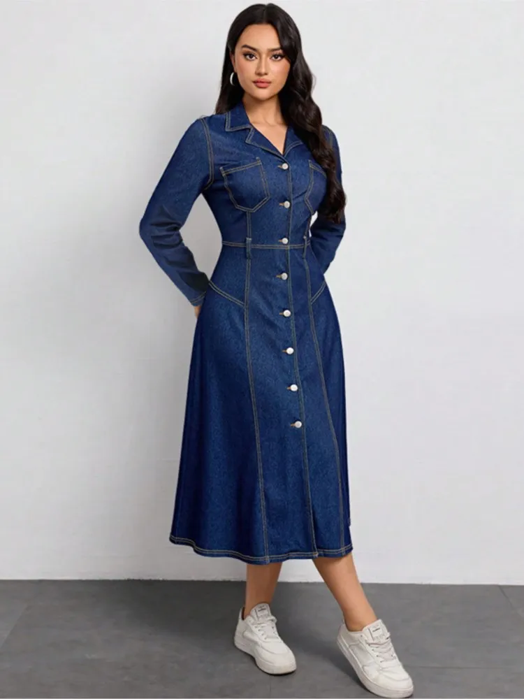 Denim Autumn Shirts Dress Women Slim High Waist Retro Fashion Ladies Shirts Dresses Ruffle Pleated Woman Dress