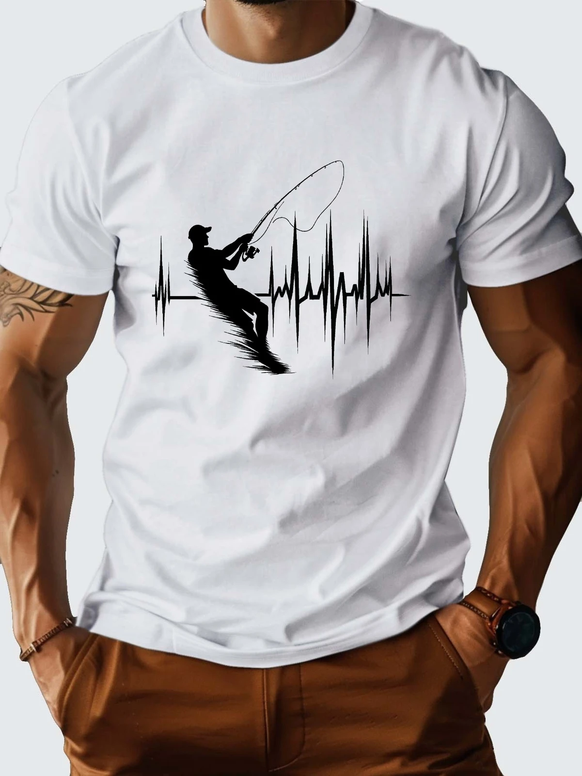 Мужская повседневная хлопковая футболка с дизайнерской рубашкой с силуэтом сердцебиения для рыбалки
