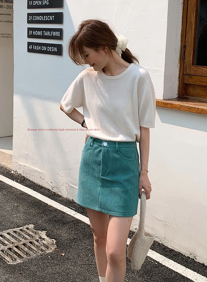 Grundlegende Hohe Taille Cord Mini Rock Frauen Herbst Neue Vintage College A-linie Röcke Tasche Koreanische Abnehmen Alle-Spiel Kurzen rock – Detail 12