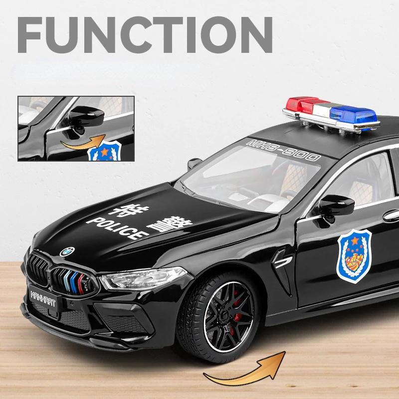 1:24 BMW M8 police car Alloy Car Diecast Metal Model Sound & Light Pull Back Toy Computer Desktop Ornaments Display Gift C381