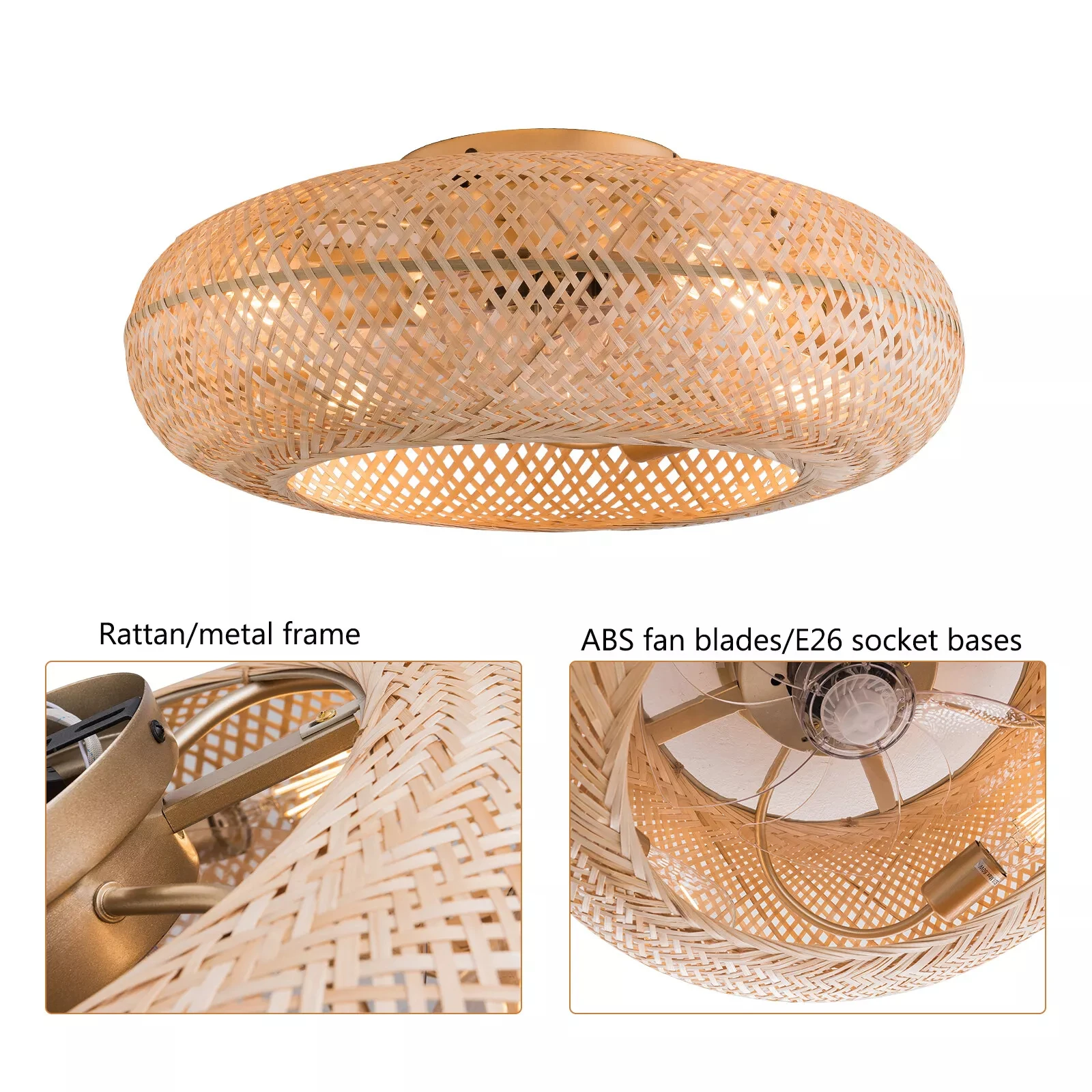 Bambu Ventilador De Teto Com Luz E Controle Remoto, Quinta Boho, Rattan, 20"