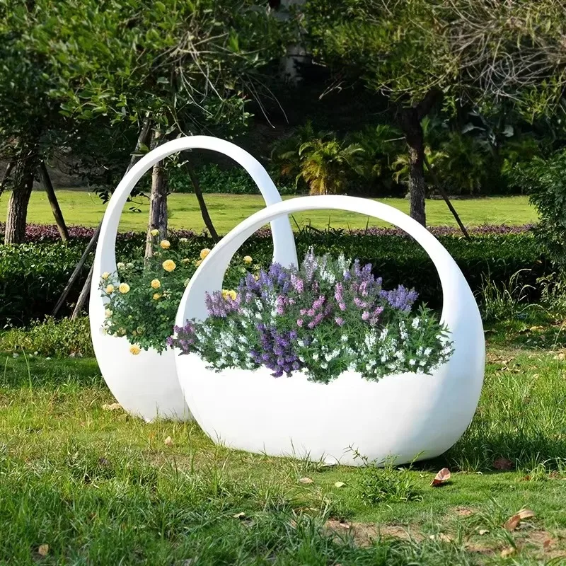 Fiberglass Handled Flower Basket Outdoor Park Villa Courtyard Lawn Green Plant Landscape Planter Ornament Smooth Curved Oval