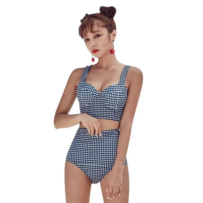 Fashionable Bikini Classic Plaid Underwire Bikini Seductive High-Back Waisted Bikini Stainless Steel Underwire Beachwear