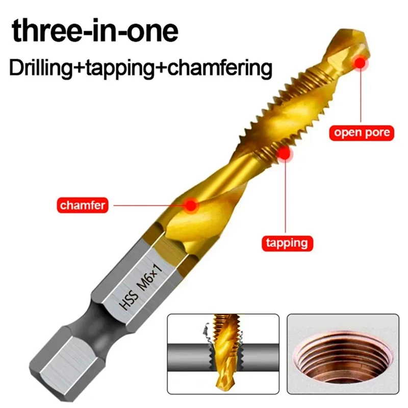 M6x1mm Hex Shank Titanium Plated HSS Screw Thread Metric Tap Drill Bits Screw Machine Compound Tap Open Chamfer Tool