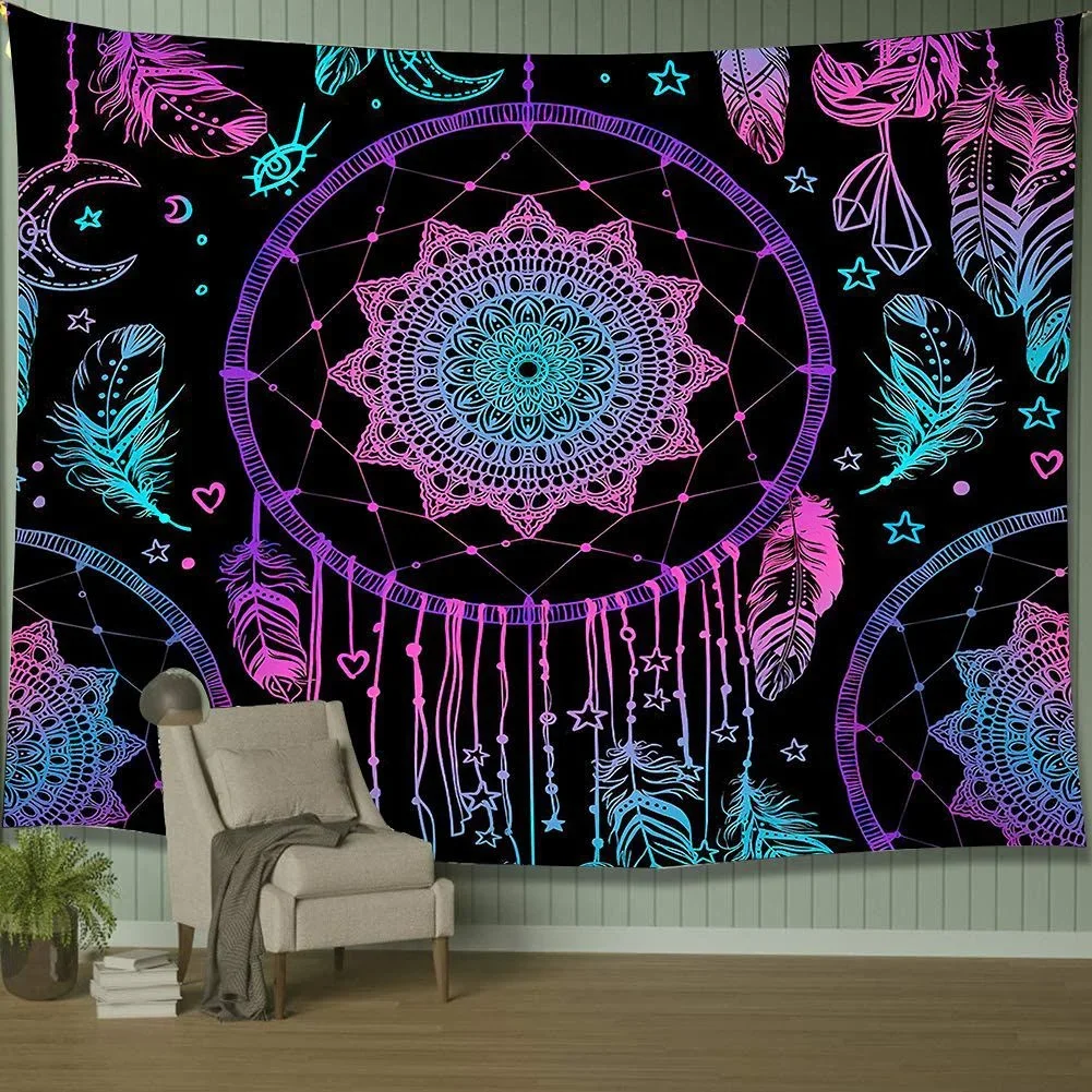 Psychedelic Moon Dreamcatcher Feather Tapestry Hippie Large Bohemian Mandala Tapestries Wall Cloth Carpet Ceiling Room Decor