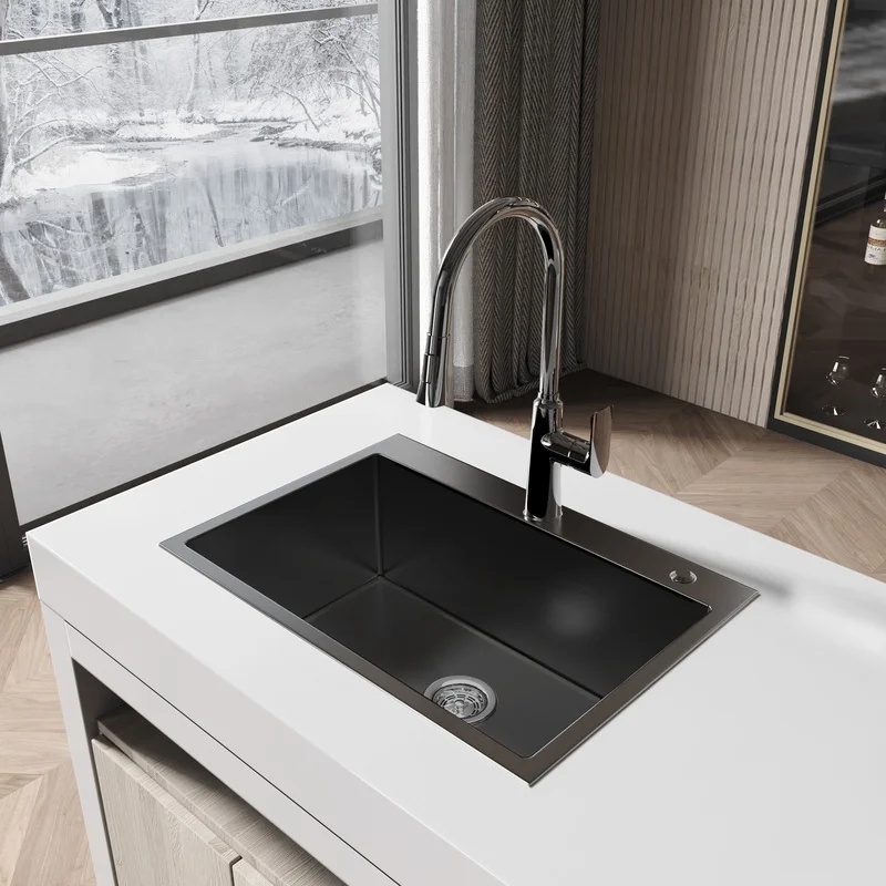 

Black Stainless Steel Single Bowl Kitchen Sink 27"x19" Overmount with Standard Drain and Hook LS-SSBL01