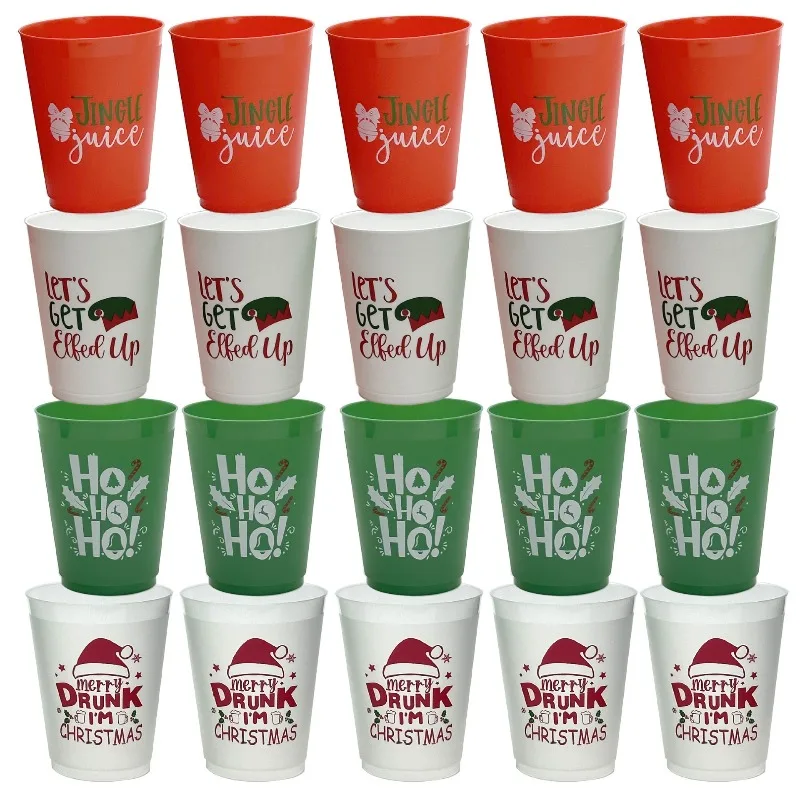 Hot 12-20PCS Unique Letter Design Plastic Christmas Cup, 16 Ounce Reusable Cup for Home Holiday Party Decoration