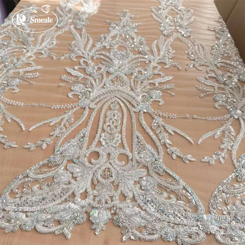 

White Multi-color Bridal Lace Fabric Stripes, Luxury Beaded Sequin Wedding Dress, Advanced Custom-made Sewing Fabric