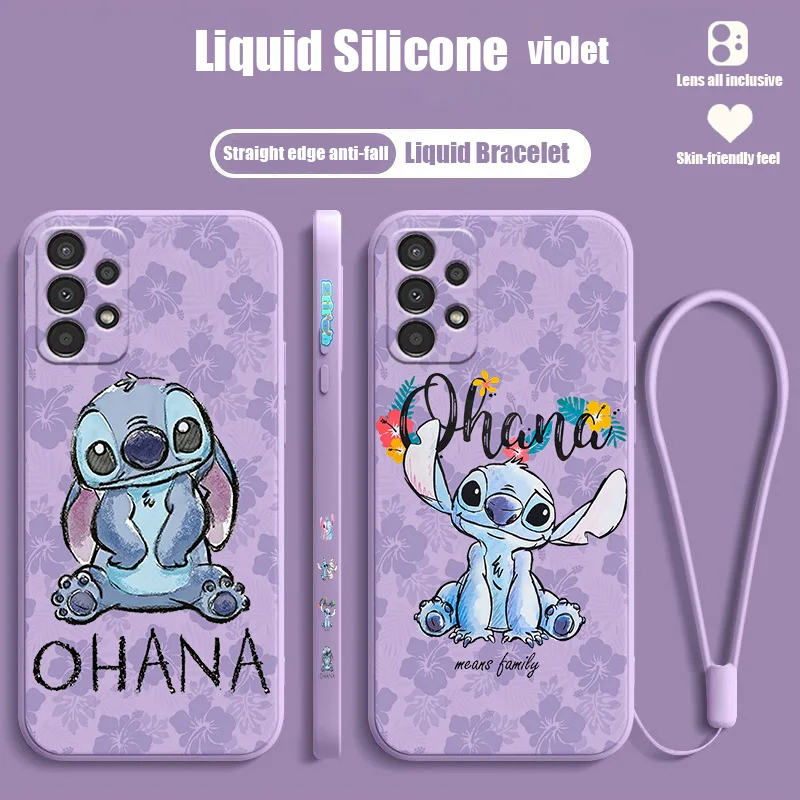 Disney Stitch Flowers per Samsung A73 A72 A54 A53 A52 A42 A34 A33 A32 A23 A22 A14 A13 A12 custodia per telefono con corda sinistra liquida