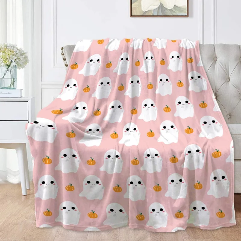 

Cute Ghost Pumpkin Pink Blanket Halloween Lightweight Throw Blanket for Women Men Soft Cozy Fleece Couch Living Room Bed Blanket