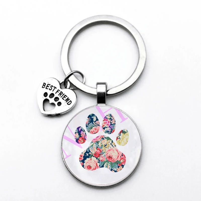 Popular Jewelry Dome Glass Zinc Alloy Keychain Pet Dog and Cat Paw Print Paintings Gifts