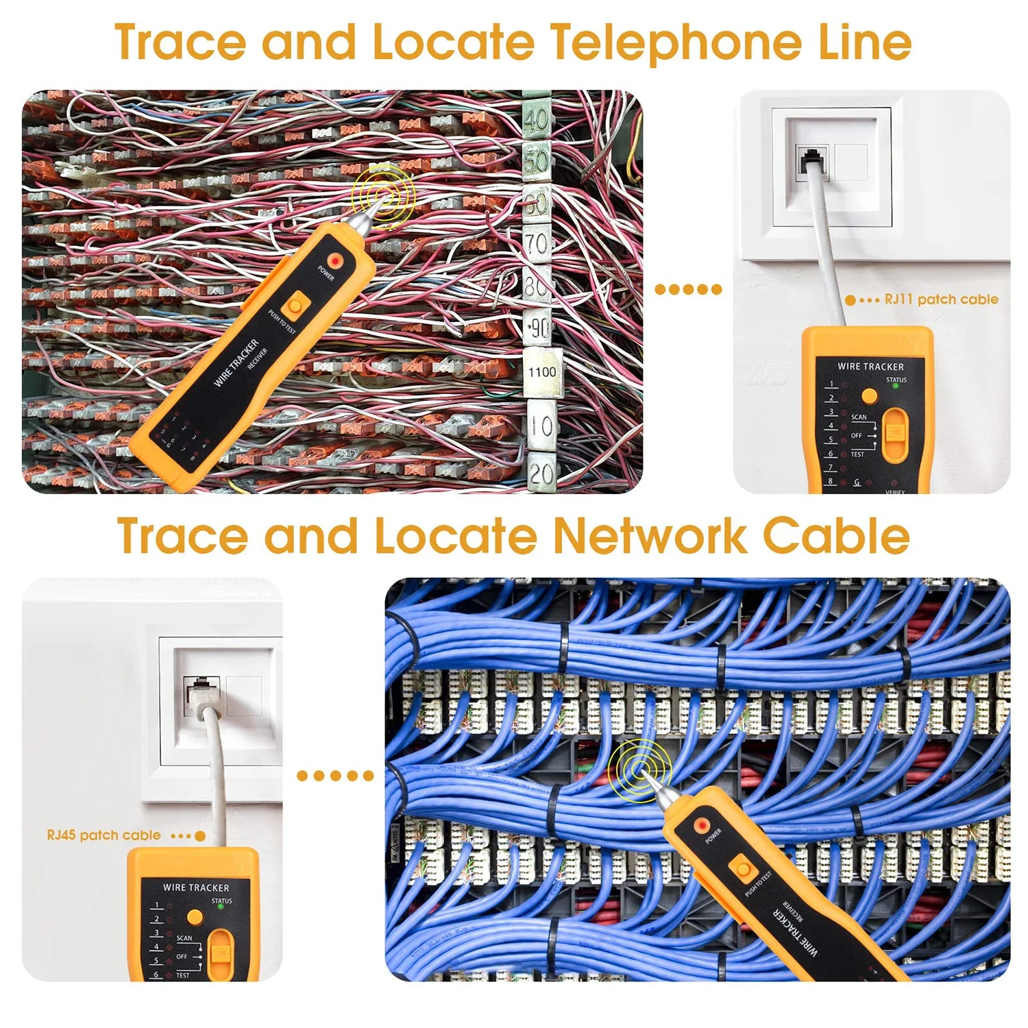 Tester per cavi di rete Cat5 Cat6 RJ11 RJ45 Strumento per localizzazione cavi telefonici Toner per cavi LAN Rilevatore di cavi di rete Ethernet Trova linea