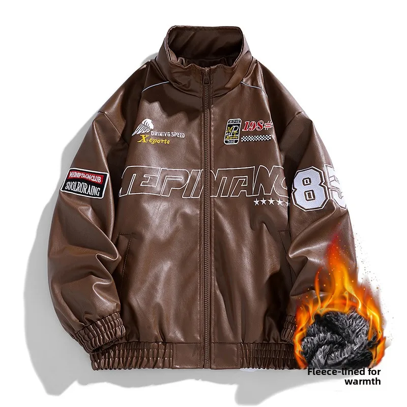 

New Faionable Men's Fce Lined Biker Jaet PU Leather Outerwear Winter Patchwork Coat Long Sve Zipper Closure Streetwear