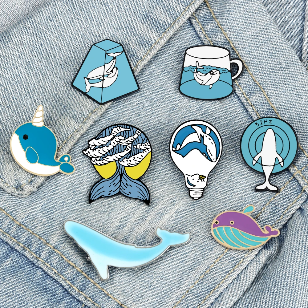 Cartoon Blue Marine Animal Brooch Save Ocean Whale Dolphin Enamel Badge Cloth Backpack Lapel Pins Jewelry Gifts for Friends Kids