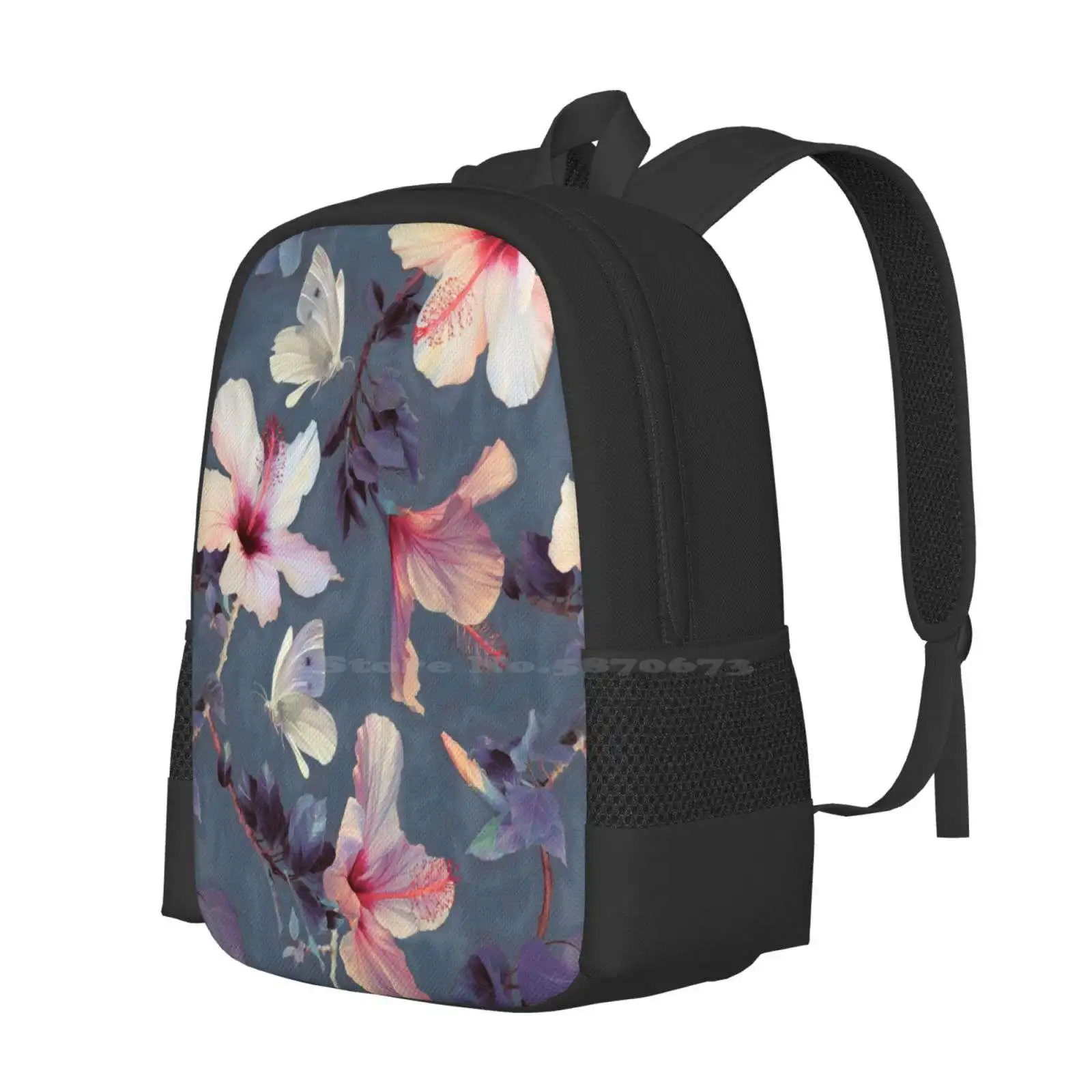 Butterflies And Hibiscus Flowers - A Painted Pattern Pattern Design Bag Student'S Backpack Floral Flowers Hibiscus Blooms