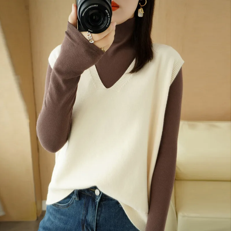 UHYTGF Sleeveless Knitted Vest Women V-Neck Pullover Casual Spring Autumn Sweater Waistcoat Female Blended Wool Tops Ladies 2104