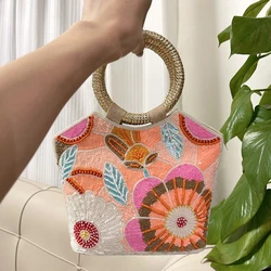 DOYUTIG Spring & Summer Flower Handbag Women's Fashion Daisy Totes Inidan Design Handmade Evening Bag Seaside Holiday Bag N014
