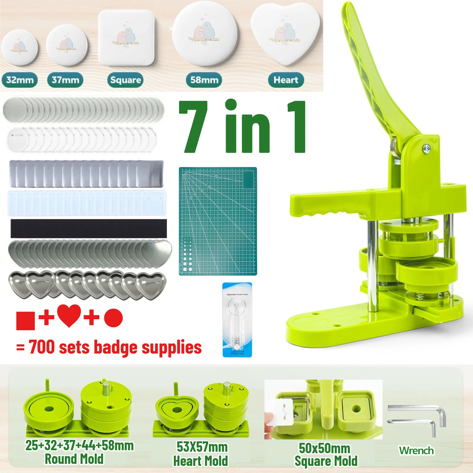 7 in 1 Button Maker Machine 25+32+37+44+58mm Round+50x50mm Square+Heart-Shaped with 700 Sets Supplies Circle Cutter Cutting Mat