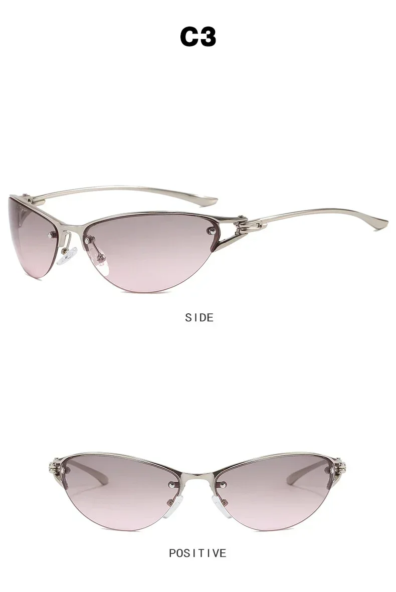 Neue silberne Y2K Metall-Cat-Eye-Sonnenbrille für Damen, modische Halbrahmen-Sonnenbrille mit klaren, getönten Gläsern, UV400, trendige Sonnenbrille für Herren, UV400 – Detail 8