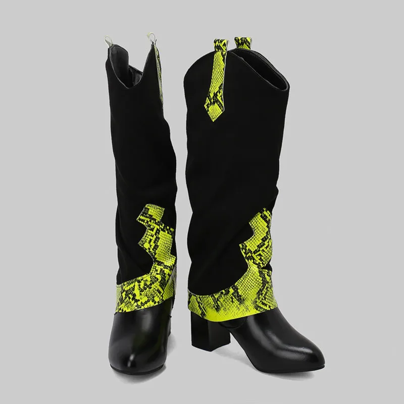 Woman Snake Scale Pattern High-Top Western Shoes Large Size Women's Winter Thick High Heel Mid-calf Fashion Boots Knight Boots
