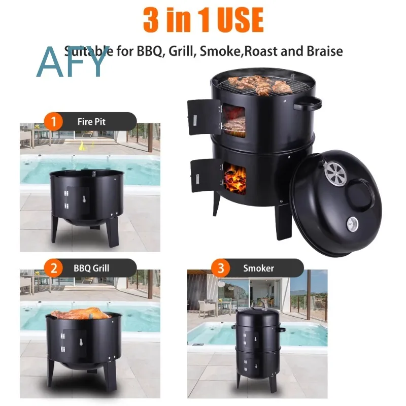 3 Layer 16 Inch Vertical Charcoal Grill for Outdoor Cooking BBQ Grilling Accessories Portable Round Grill for Patio Backyard