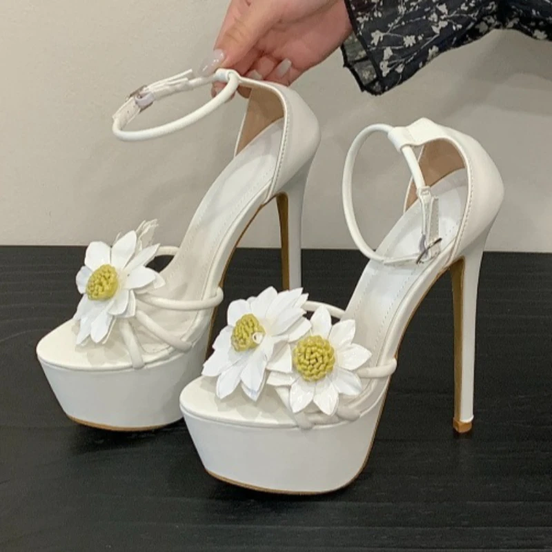 Novelty Sun Flower Decorate Platform Sandals Women Fashion Ankle Buckle Super High Heel Sandals Sexy Open Toe Pole Dance Shoes