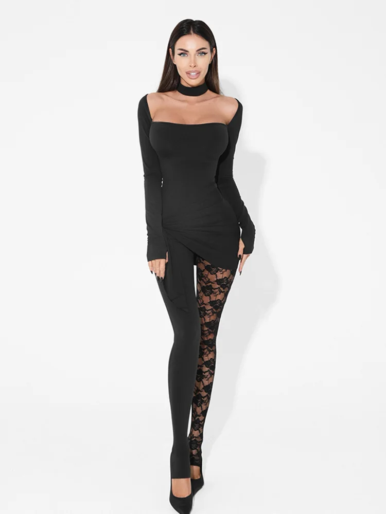 الصلبة الدانتيل المرقعة حللا للنساء أزياء مثير نادي كم طويل ساحة الرقبة انظر من خلال رومبير الإناث الشارع الشهير سليم صالح