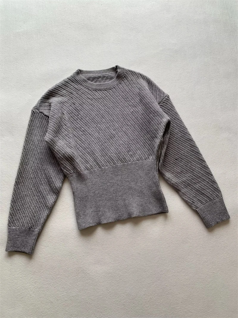 KEYANKETIAN ربيع/خريف جديد المرأة رمادي سترة قصيرة أسلوب بسيط س الرقبة طويلة الأكمام عالية الخصر البلوز فضفاض محبوك #3