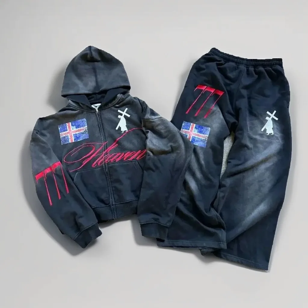 American Retro Streetwear Men's Suit Two-piece Set Goth Harajuku Zipper Hoodie High Street Trendy Casual Sports Suit Sweatshirt