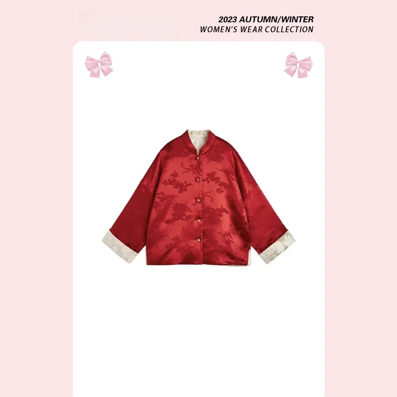 

Красная двусторонняя хлопковая куртка для женщин с вышивкой, на пуговицах в национальном стиле, осенне-зимняя теплая верхняя одежда для повседневной носки