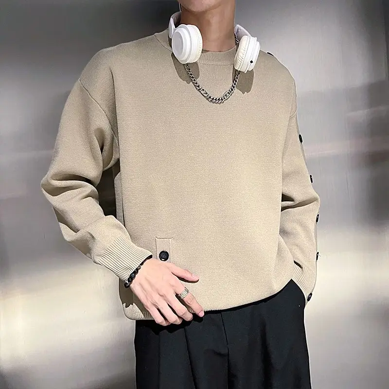 2024 Spring and Autumn and Winter Fashion Personalized Round Neck Button Design Solid Color Simple Loose Long Sleeved Sweater