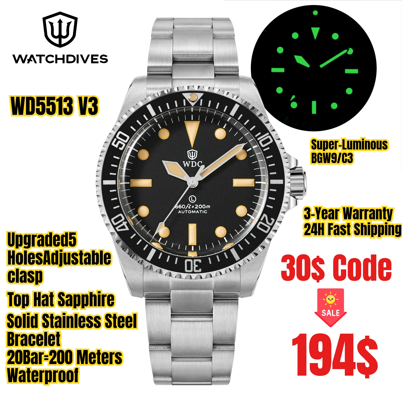 Watchdives WD5513B V3 40mm Taucheruhr PT5000 Automatikuhr Saphirglas 20Bar Wasserdicht 316L Stahl Vintage Mechanische Uhren