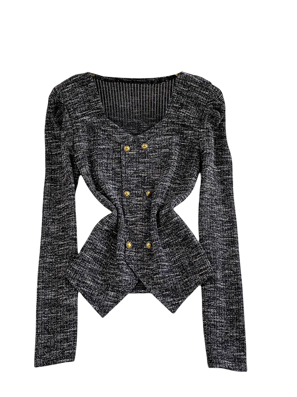 Coreano sle fino ajuste de malha camiseta feminina outono inverno facionable gola quadrada botão duplo emagrecimento topo