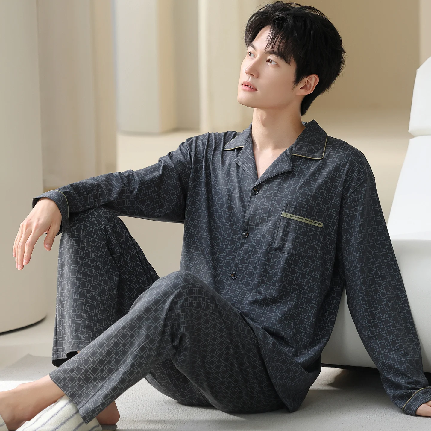 

Men 100% Cotton Pajamas Set Spring and Autumn Male Long Sleeve Turn-down Collar Sleepwear