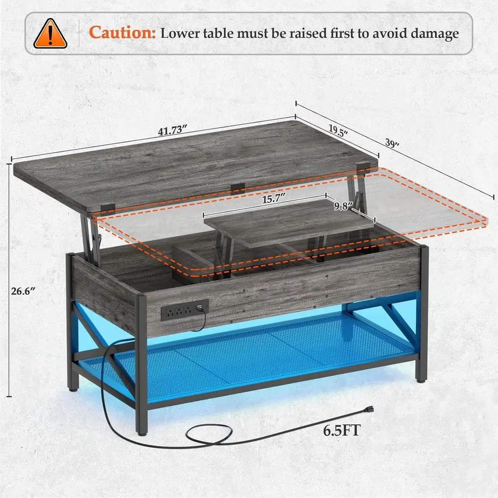 Multi-Functional Coffee Table Converts to Dining Table, LED Light & Power Outlet, Center Table with Shelves, Living Room/Office,
