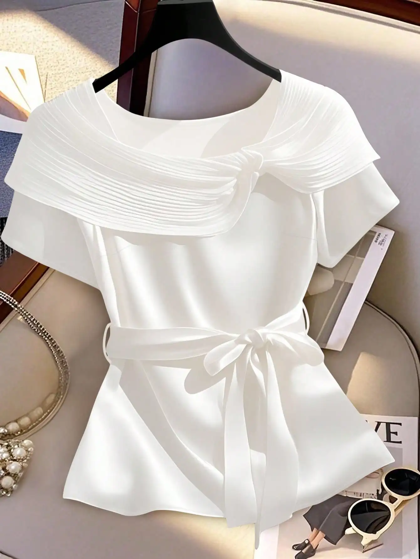 

White Pleated Off-Shoulder Blouse with Waist Tie Bow Detail
