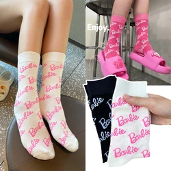 Barbie Socks Pink Kawaii Soft Knitted Sock Novelty Sokken Cotton Breathable Non-slip Fashion Barbie Girls Cute Mid-calf Socks