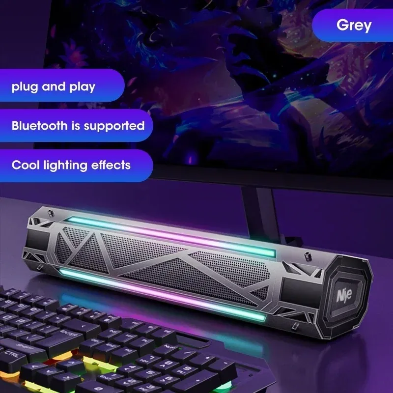 Barra de som sem fios Bluetooth, com som surround 4D, subwoofer, iluminação RGB, altifalante para computador de secretária com ligação por cabo, sistema de áudio para uso doméstico.