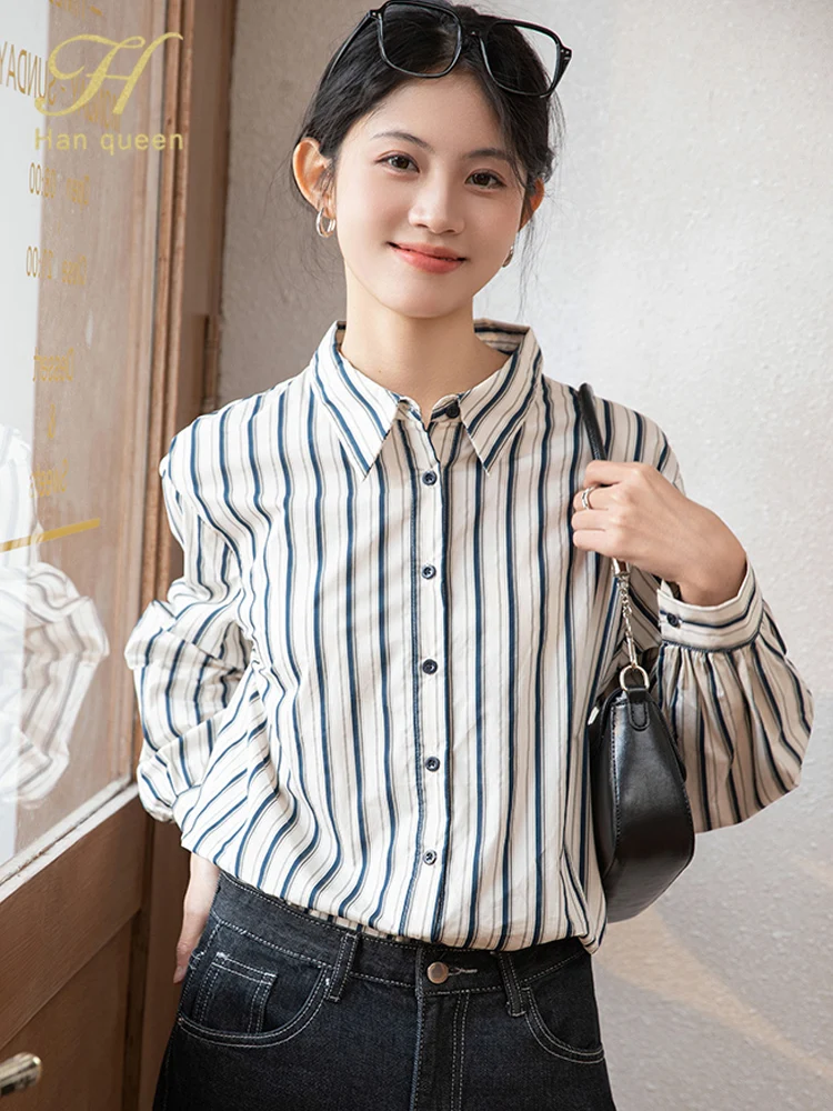 

H Han Queen New Autumn Blouse Stripes Long Sleeve Shirt Women Blouse Casual Tops Loose Shirts Korean Style Women's Clothing 2025