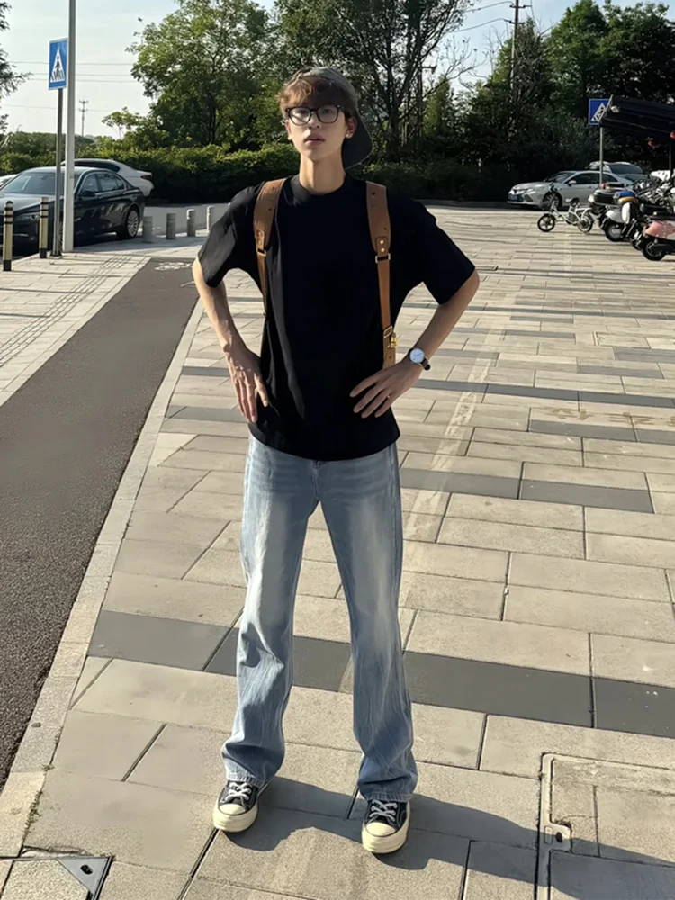 

Blue Micro Flare Straight Leg Jeans Men Summer Thin Leg Lengthening Pants American High Street Vibe Casual Long Trousers