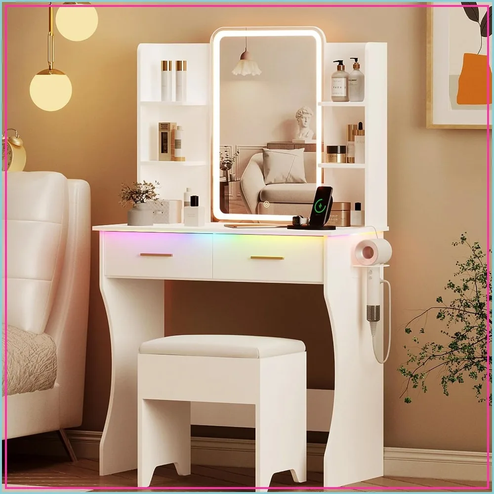 LED Vanity Desk with Mirror & Outlet, Small Makeup Table with Drawers & Chair, 3 Light Modes, White