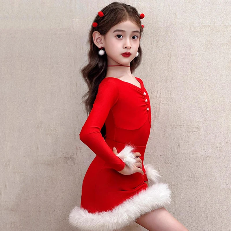 

Красный зимний детский костюм для латиноамериканских танцев для девочек: боди с длинным рукавом и юбка с перьями для румбы, выступлений и бальных танцев