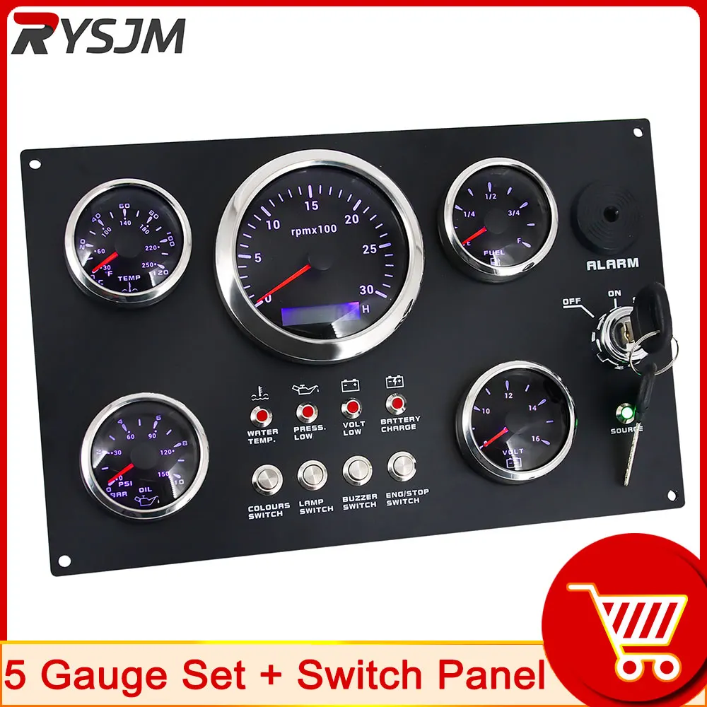 

5 Gauge Boat Switch Panel Waterproof Marine Boat Car Switch Panel 24V 12V Tachometer Water Temp Fuel Level Voltmeter 7 Colors