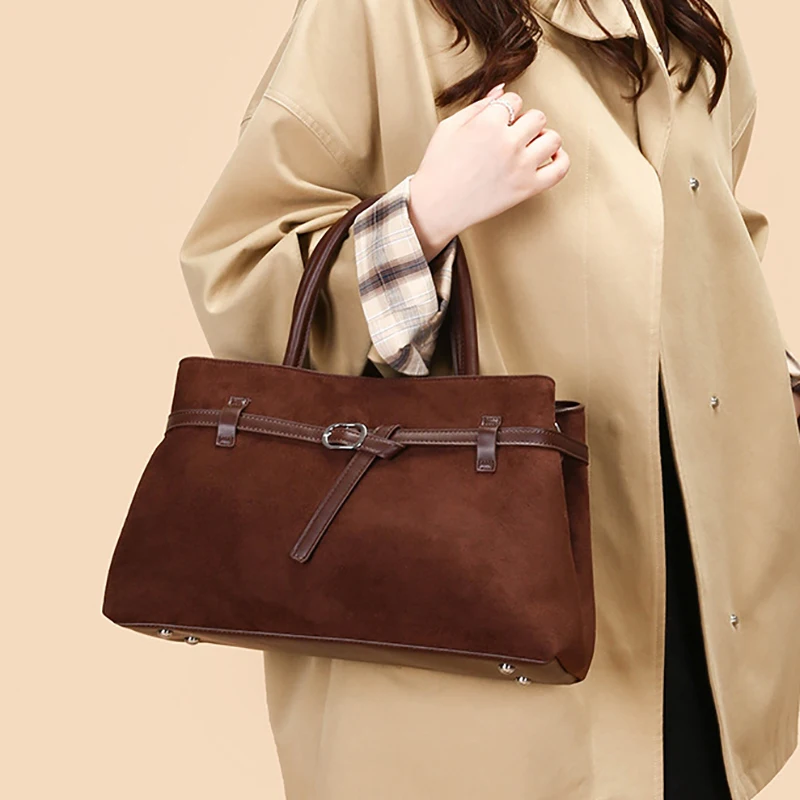 

Buckle Decorative Design Solid Faux Suede Handbag Large Capacity Casual Tote Premium Minimalist Commute Crossbody Bag 2025 Retro