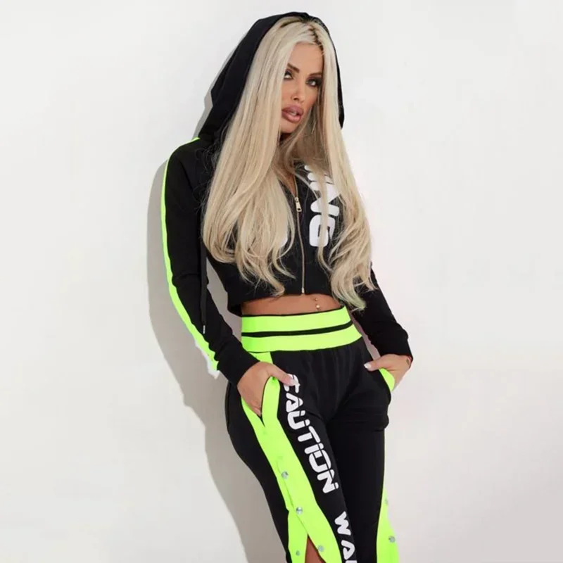 Oshoplive 2024 Women Fashion Letter Printed Contrast Color Long Sleeve Zipper Hoodies & Split-Side Pants Sports Two Pieces Sets