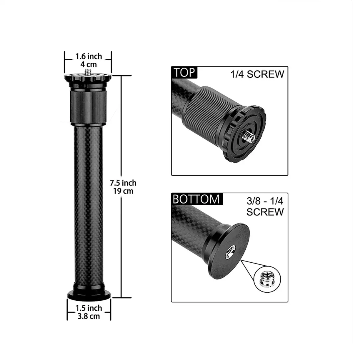 Digital Essentials Extendable Carbon Fiber Tripod Extension Pole 2-Section Rod Max Height 32cm/12.6in 1/4 Inch Screw for Tripods