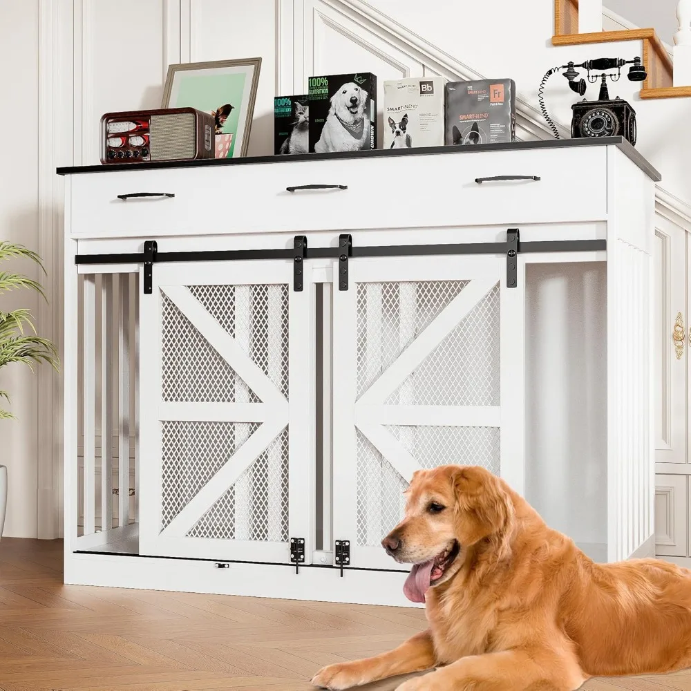 

Wooden Dog Crate Furniture for 2 Dogs with Removable Divider & Storage Drawers, Double Door Kennel for Medium and Extra Large