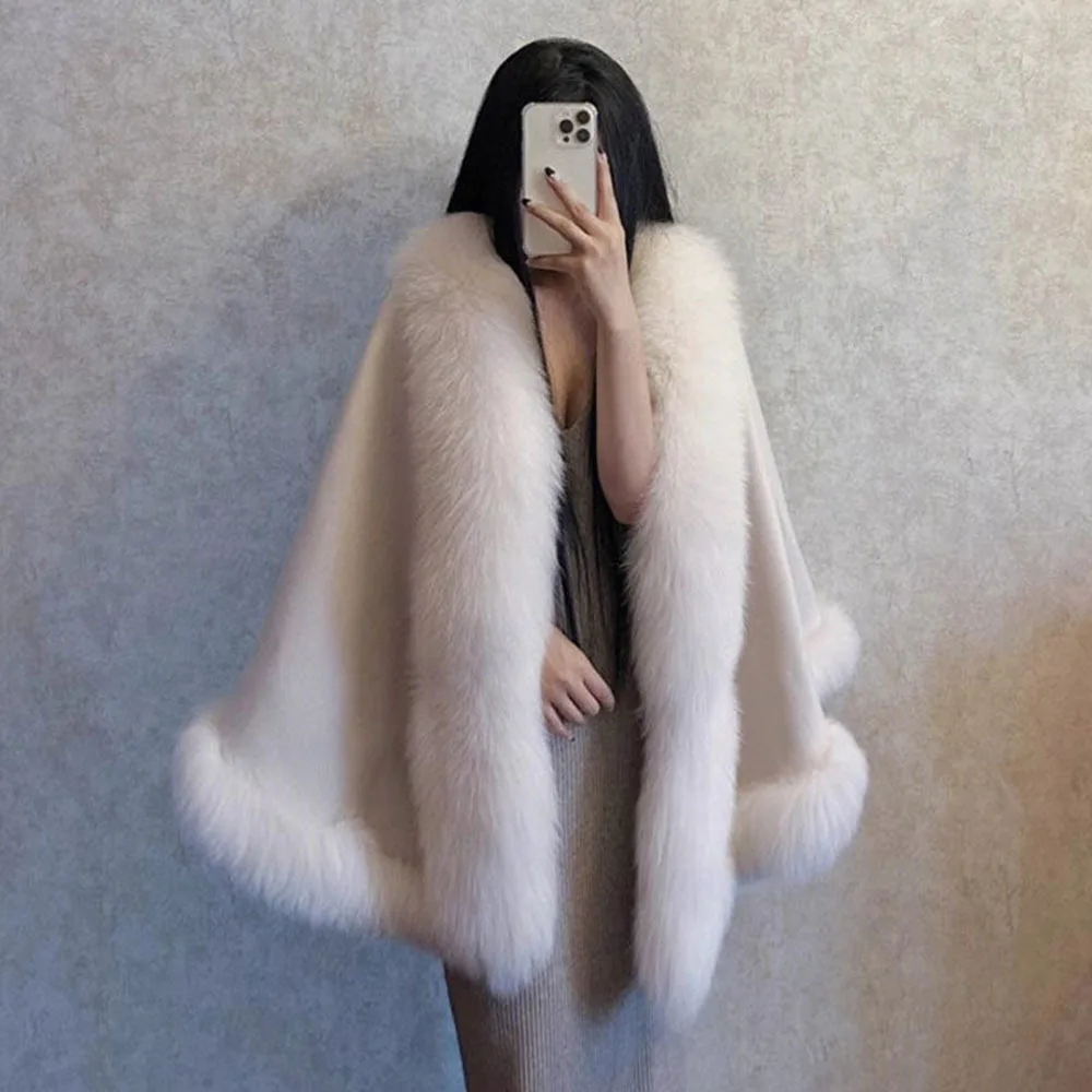 Autumn Winter Luxury Ponchos Women\'s Woolen Fox Fur Shawl Fashion Quality Cape Outwear Imitation Fur Coat Elegant Cardigan Cloak