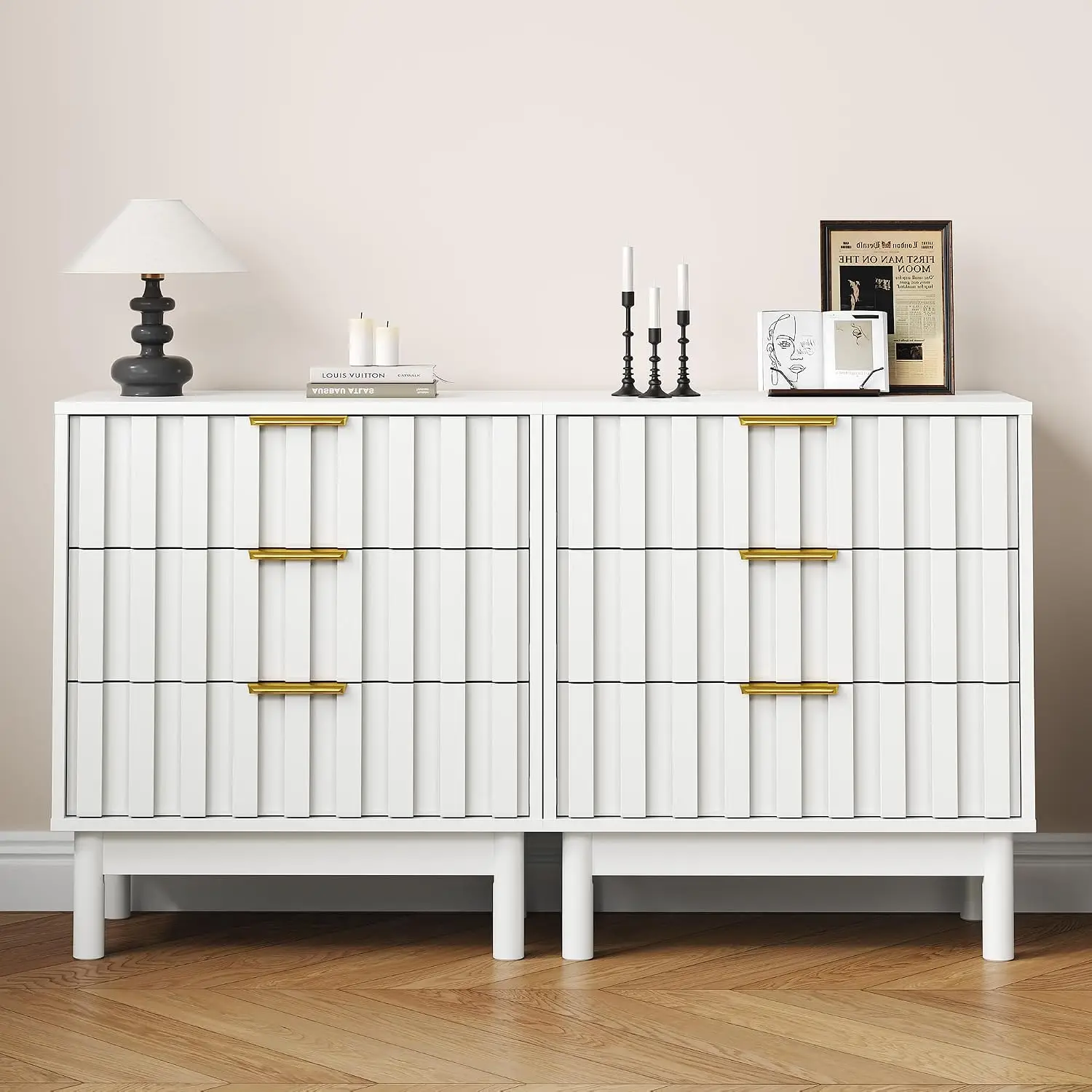 3 Drawer Nightstand Set of 2 Modern Fluted Wooden Storage Side Table Edge Pull Bedroom Living Room White, Customized
